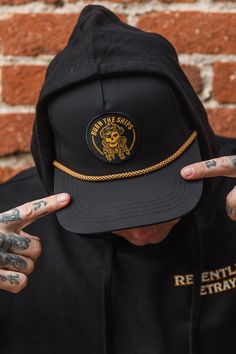 Flat Brim Black Hat - Nautical Design – Relentless Betrayal Pirate Tattoo Design, Relentless Betrayal, Burn The Ships, Couples Matching Outfits Swag, Pirate Tattoo, Gold Hat, Dope Hats, Mens Trucker Hat, White Crop Tank