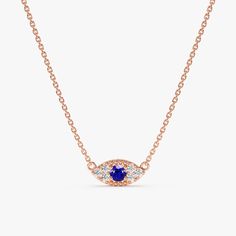 Rose Gold Evil Eye Necklace Gold Evil Eye Necklace, Sapphire Diamond Necklace, Evil Eye Necklace Gold, Hamsa Necklace, Diamond Eyes, Handmade Fine Jewelry, Blue Sapphire Diamond, Sparkling Diamond, Diamond Carat