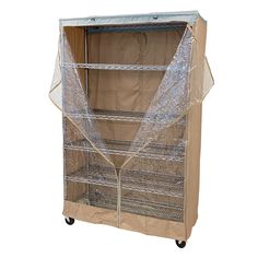 an open storage cabinet with plastic covering on it