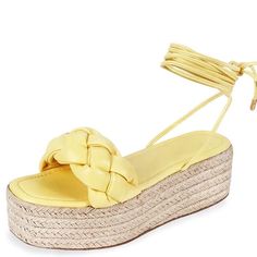 Butter Yellow Tie Up Wedge Espadrilles Sandals Man Made Materials Heel Height Approximately 2” Summer Wedge Sandals With Woven Sole And Flat Heel, Summer Platform Espadrilles, Trendy Summer Wedge Sandals With Woven Sole, Trendy Wedge Sandals With Woven Sole For Summer, Straw Platform Wedge Sandals, Straw Wedge Sandals With Flat Heel, Yellow Synthetic Wedge Sandals For Summer, Straw Wedge Sandals With Round Toe For Spring, Straw Wedge Sandals With Flat Heel And Platform