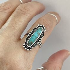 Sterling Silver Boho Long Oval Genuine Turquoise Ring, Silver Ring, Statement Ring, Boho Ring Annie Cresta, Crystal Jewelry Ideas, Gem Studio, Earthy Rings, Soldered Rings, Raw Turquoise Ring, Southern Jewelry, Vintage Turquoise Ring, Silversmithing Jewelry