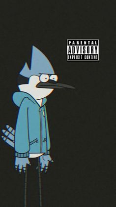 a cartoon character with a long nose and blue hoodie standing in front of a black background