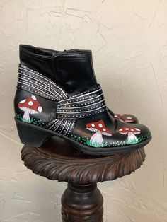 Beautiful hand painted mushroom ankle boots with permanent paint.  Size 6.  Brand is Comfortplus which is a high quality and very comfortable shoe.  Perfect condition. Funky Round Toe Boots For Fall, Womens Pumps, Womens Heels, Beautiful Hand, Comfortable Shoes, Shoes Women Heels, Ankle Boots, Shoes Heels, Stuffed Mushrooms