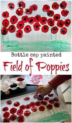 two pictures with red poppies on them and the words bottle cap painted field of poppies