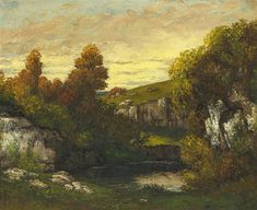 an oil painting of trees and rocks near a river