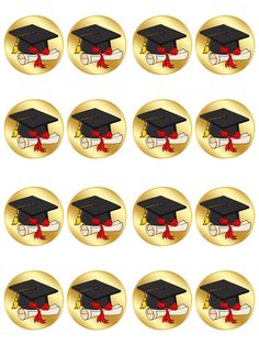 a set of twelve graduation badges with red ribbon and black cap on them, all decorated in gold