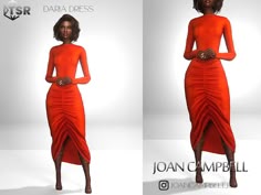 two pictures of a woman in an orange dress with her hands on her hips and the other side of her body