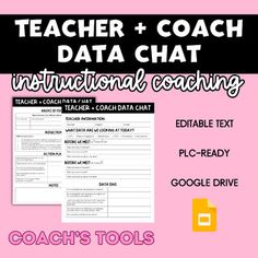 teacher and coach data chart for instructional coaching with text overlaying the image on pink background