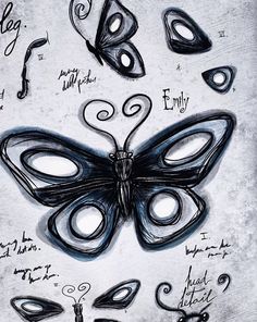 a drawing of a butterfly with many different shapes and sizes on it's wings