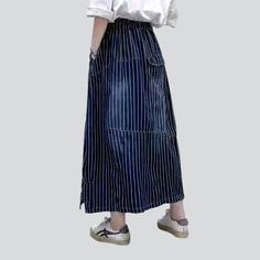 Be the envy of everyone in the 2023 Spring-Summer Collection with this stylish long denim skirt! With its distinctive vertical stripes and high-waisted fit. this skirt is sure to make a statement. Featuring a drawstrings closure. it's the perfect combination of comfort and flair. Whether you're headed to a music festival or a laid-back day out with friends. this skirt will become the crowning jewel of your outfit!Key Highlights: Street Style: This skirt is the perfect blend of contemporary fashi Baggy Striped Bottoms For Spring, High Waist Striped Summer Skirt, Striped Cotton Skirt For Summer, High Waist Striped Skirt For Summer, Summer Striped Cotton Skirt, Summer High Waist Striped Skirt, Casual Cotton Skirt With Vertical Stripes, Striped Summer Skirt, Relaxed Striped Skirt For Spring