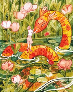 Watercolor illustration. A snake and a girl are talking to each other in a pond. Watercolor Comic Art, Snake Illustration Cute, Watercolor Reptile, Cute Snake Art, Cute Snake Drawing, Watercolor Comic, Snake Watercolor, Water Snakes