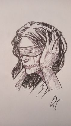 a drawing of a woman holding her hand up to her face with the word,