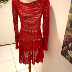 Free People Red Crochet Long Sleeve Dress Fit & Flare 35 Inches Long New With Tags ! Fitted Red Crochet Dress For Summer, Fitted Red Crochet Beach Dress, Casual Red Crochet Dress, Red Fitted Crochet Dress, Red Crochet Dress For Spring Party, Red Fitted Bohemian Crochet Dress, Fitted Red Bohemian Crochet Dress, Crochet Long Sleeve Dress, Red Crochet Dress