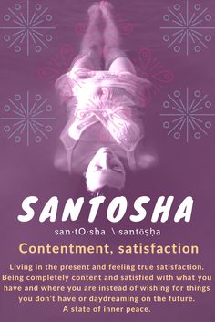 a poster with the words santosha written in pink and white on purple background