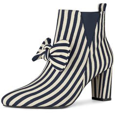 These fashionable striped boots have become a modern wardrobe staple for shopping on the streets. You can strut in style with these zip-high-heeled boots, which are perfect for going out or traveling. The bow and stripes design never go out of style. They are versatile enough to be paired with jeans or dresses, making them a great addition to any outfit. Please check the size measurement chart before ordering. Comfortable Ankle Boots, Striped Decor, Chunky Heel Ankle Boots, Bow Boots, Womens Chunky Heels, Shoes Boots Ankle, Closed Toe Shoes, Chunky Heels Boots, Ankle Boots Black