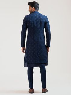 PAMA216 Winter Fitted Blue Kurta, Semi-formal Blue Sherwani With Zari Work, Festive Blue Sherwani For Semi-formal Occasions, Blue Semi-formal Traditional Wear With Long Sleeves, Semi-formal Blue Sherwani, Elegant Blue Designer Outerwear, Blue Semi-formal Long-sleeve Traditional Wear, Elegant Semi-formal Blue Traditional Wear, Elegant Blue Semi-formal Traditional Wear