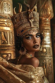 an egyptian woman wearing gold jewelry and headdress in front of some golden objects