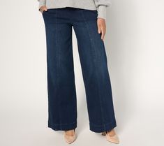 With a refreshing resurgence of '70s fashion and a shift towards wider, more relaxed styles, Kim Gravel's palazzo jeans sit in the sweet spot between looking classic while feeling right on-trend. The sihouette is timelessly chic yet thoroughly modern, and the fit is completely comfortable (thanks to TripleLuxe denim) and endlessly flattering (the topstitching is so leg-lengthening). With a graceful flare from waistline to hemline, this style adds oomph to any outifit. From Belle by Kim Gravel. Palazzo Jeans, Kim Gravel, 70s Fashion, Relaxed Style, Denim Jean, Denim Jeans, Pants, Trousers