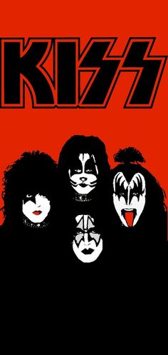 the kiss band poster is shown in red and black