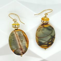 Embrace the beauty of the desert with our "SandDunes" earrings, featuring stunning Sahara Landscape Jasper stones. These double-sided beauties are the perfect way to add a touch of nature's art to your look! *Earring Length: 5 cm (1.97 inches) - long enough to make a statement, short enough to stay elegant *Stone Length: 2.5 cm (0.98 inches) - showcasing the unique desert landscape patterns Sahara landscape jasper is known for its grounding properties, helping you stay calm and connected to the Gold Natural Stones Earrings Nature-inspired, Gold Nature-inspired Earrings With Natural Stones, Nature-inspired Gold Earrings With Natural Stones, Bohemian Oval Jewelry For The Beach, Bohemian Oval Jewelry For Beach, Bohemian Amber Earrings With Ear Wire, Bohemian Round Agate Earrings, Earthy Drop Earrings With Natural Stones, Earthy Natural Stone Drop Earrings