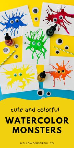 colorful watercolor monsters made with crayons and glue on a yellow paper background