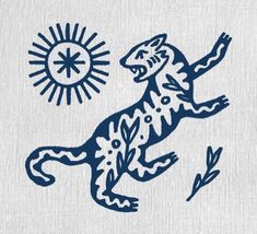 a blue and white drawing of a tiger running through the air with sun in background