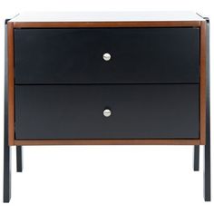 a black and wood nightstand with two drawers