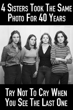 four women are posing for the camera in black and white