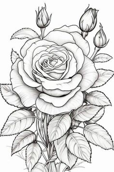 a drawing of a rose with leaves