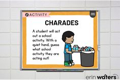 a bulletin board with an image of a boy holding a trash can and the words charadess on it