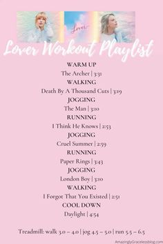 a pink poster with the words, love workout playlist