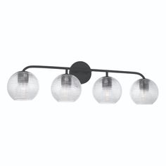 three light bathroom fixture with glass globes on the front and back ends, black finish