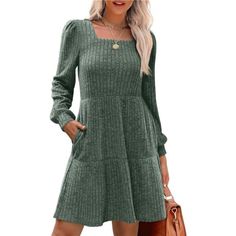 Crafted From A Blend Of 25% Rayon, 70% Polyester, And 5% Spandex, This Tunic Dress Offers A Stretchy, Lightweight, And Soft Feel. It Features A Flattering Square Neck, Babydoll Style, And Lantern Sleeves, Making It A Chic Option For Fall And Winter. The Above-The-Knee Length, Flowy Design, And Relaxed Fit Provide Both Comfort And A Slimming Effect. Material: Soft, Stretchy Fabric Blend For All-Day Comfort. Design: Square Neck, Lantern Sleeves, And Babydoll Silhouette With A Flowy, Flattering Fit Teen Dresses Casual, Dresses For Winter, Teen Dresses, Long Sleeve Dresses Fall, Womens Knit Sweater, Square Neck Long Sleeve, Dresses Casual Fall, Womens Knit Dresses, Vestido Casual