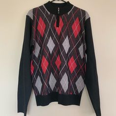 Brand New Black Argyle Pattern Tops For Fall, Black Argyle Crew Neck Sweater, Black Argyle Pattern Crew Neck Sweater, Colorful Sweaters, Zip Ups, Men Sweater, Black And Red, Man Shop, Brand New