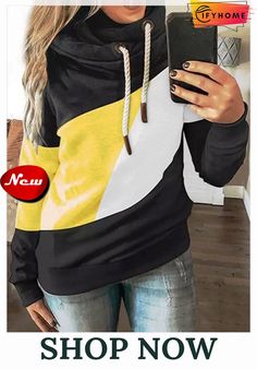 Patchwork Long Sleeve Color-block Cotton-blend Sweatshirt Women Hoodies, Outfits Winter, Collar Top, Women Hoodies Sweatshirts, Hooded Sweater, Belleza Natural, Fashion Colours, Stylish Girl, Long Sleeve Sweatshirts