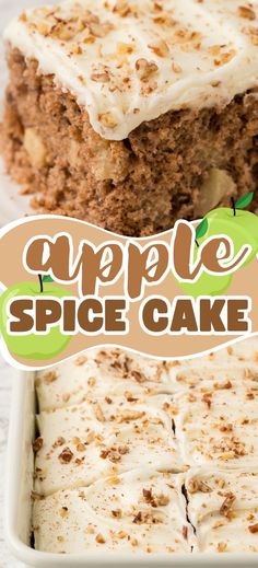 a close up of a cake in a pan with the words apple spice cake above it