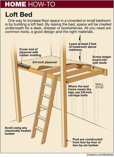 a loft bed is shown with instructions to make it easier for someone to use the ladder