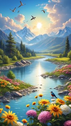 a painting of flowers and birds flying over a river