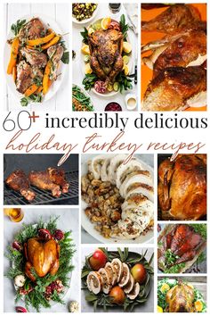 a collage of holiday turkey images with the words, incredibly delicious holiday turkey recipes