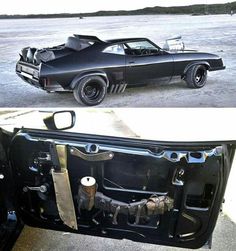 an old car with the door open and it's interior removed from its original paint job