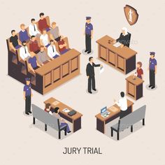 courtroom scene with people sitting at the desks and judge standing in front of them