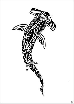 a black and white drawing of a dolphin with patterns on it's back side