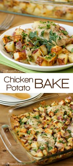 chicken potato bake with potatoes and spinach on the side in glass casserole dish