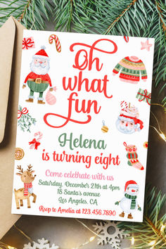 a christmas party card with santa clause and snowflakes on the tree in front of it