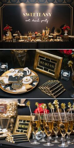 a black and gold party with desserts, champagne glasses and cookies on the table