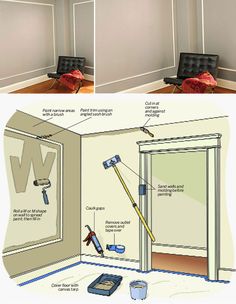 two pictures showing how to paint the walls in an empty room with tools and supplies