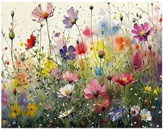 a painting of colorful flowers in a field