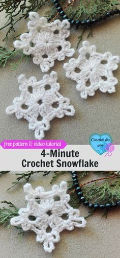 four crochet snowflakes hanging from a tree branch with text overlay that says 4 - minute crochet snowflake