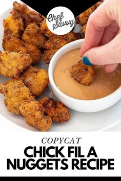 chicken nuggets recipe on a white plate with text overlay that reads copycat chick fila nuggets recipe