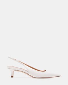 KARI WHITE PATENT White Slingback Kitten Heels, Ivory Kitten Heels, Kitten Heels Closed Toe, White Pointed Toe Heels, Low Wedding Heels, White Low Heels, White Slingback Heels, White Kitten Heels, Grad Outfits